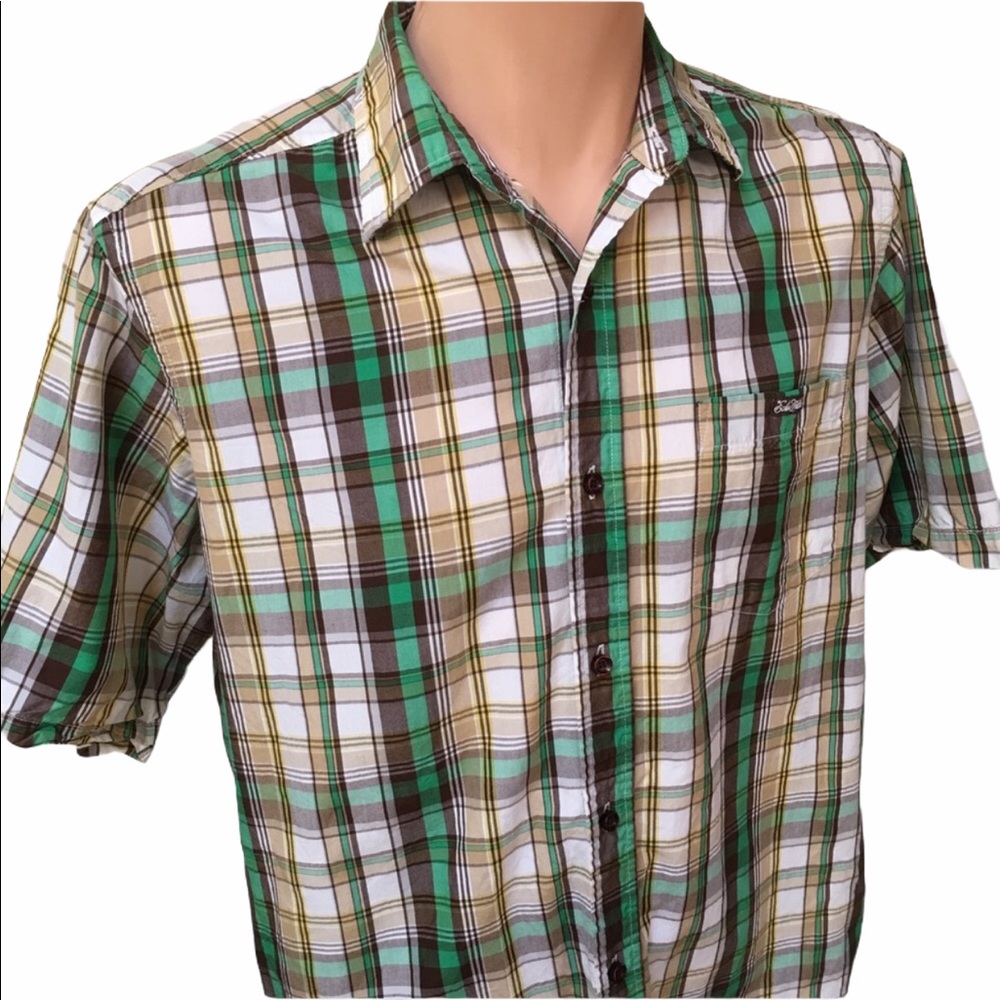 Ecko Unltd Button Up Shirt Mens L Green Plaid Short Sleeve Cotton Streetwear